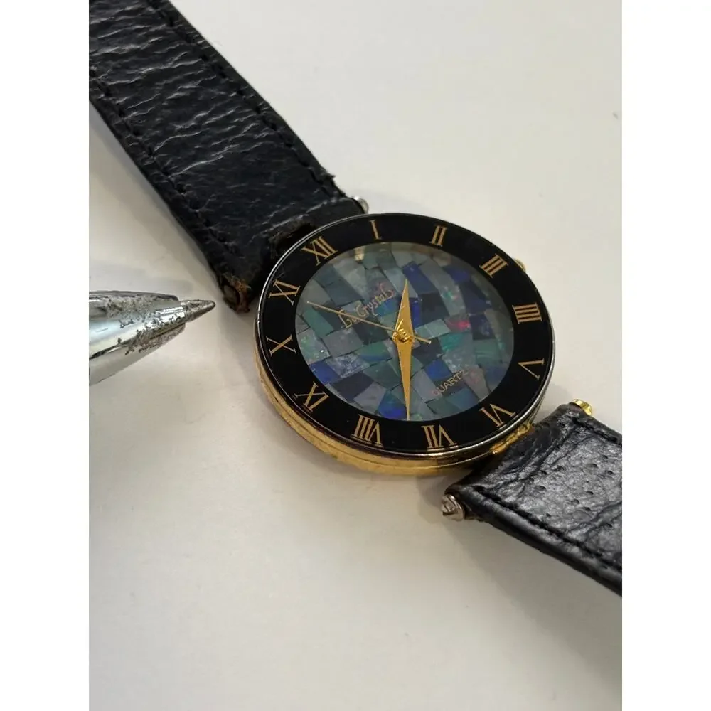 Vintage Gold Tone Watch Black Opal Mosaic Dial